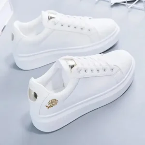 Aabhadesigner Women Casual Fashion Rose Embroidery Thick-Soled Comfortable PU Leather White Sneakers