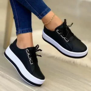 Aabhadesigner Women Casual Round Toe Lace-Up Block Color Platform Shoes PU Sneakers