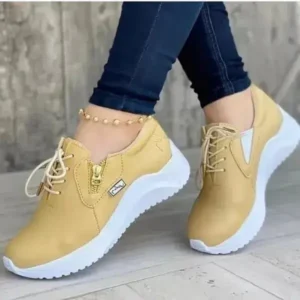 Aabhadesigner Women Casual Round Toe Low Cut Lace-Up PU Side Zipper Design Solid Color Sneakers